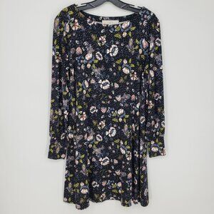 3/$25 LOFT Floral Print Long Sleeve Dress XS A Line Swing Jersey Knit Black‎